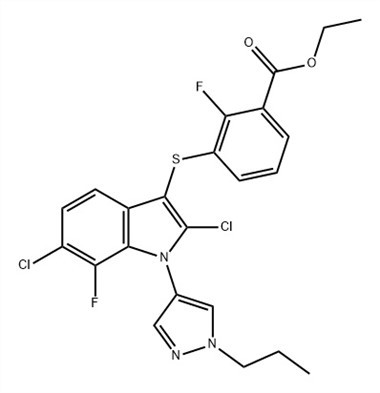 Asid benzoik, 3-[[2,6-diklor-7-fluoro-1-(1-propil-1H-pirazol-4-il )-1H-indol-3-yl]thio]-2-fluoro-, Ethyl Ester (ACI) Nimewo CAS: 1782070-79-4